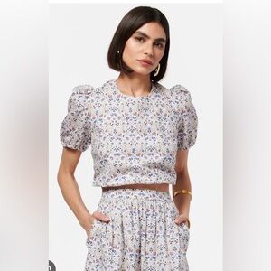 Cami NYC Women's Flor Crop Top Cotton Linen Floral Puff Sleeve Top Coquette XS